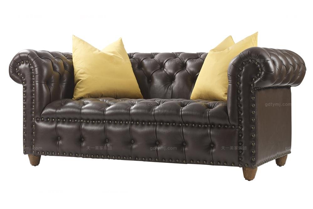 高端品牌美式黑色真皮两位沙发