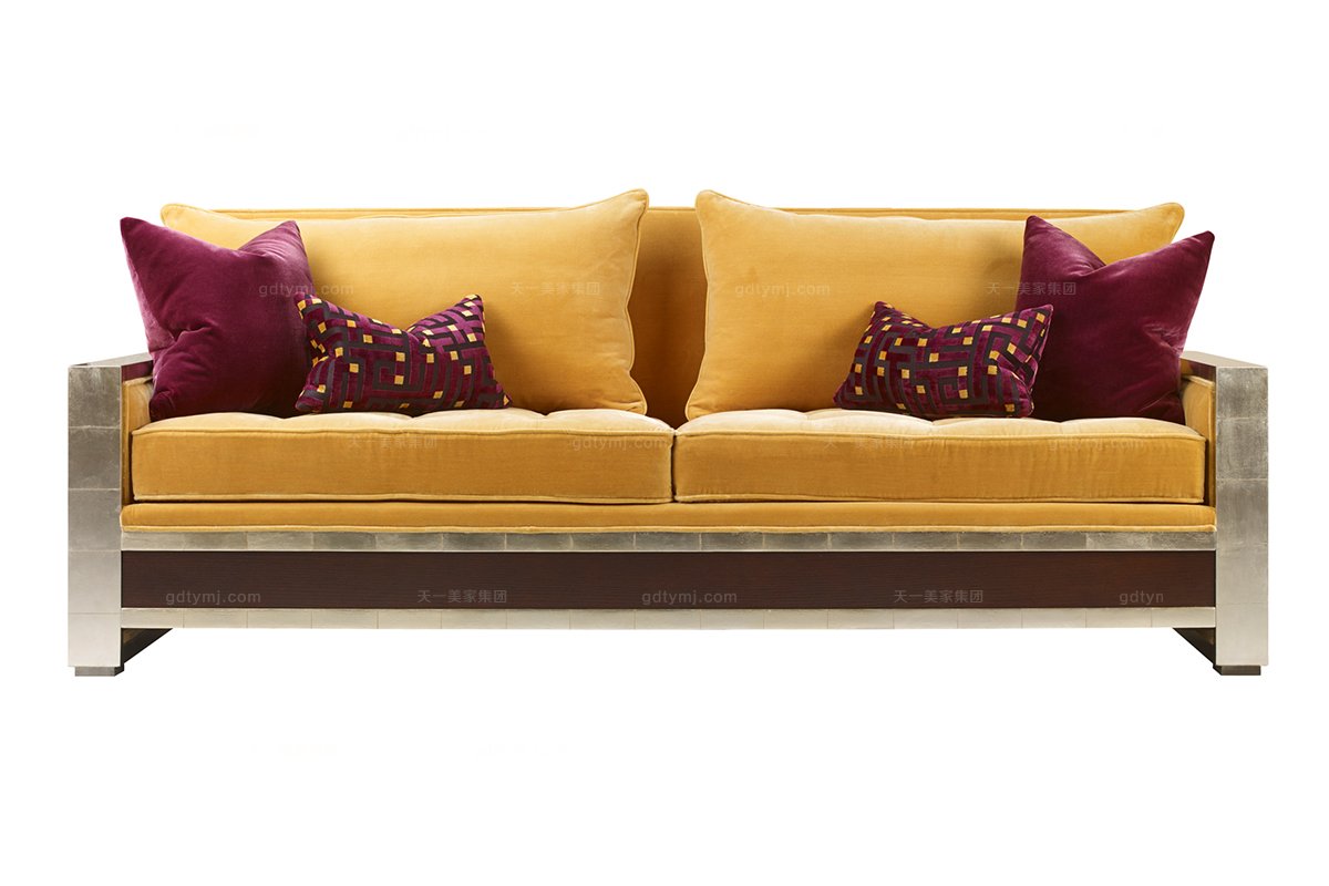 高端品牌美式黄色布艺三位沙发