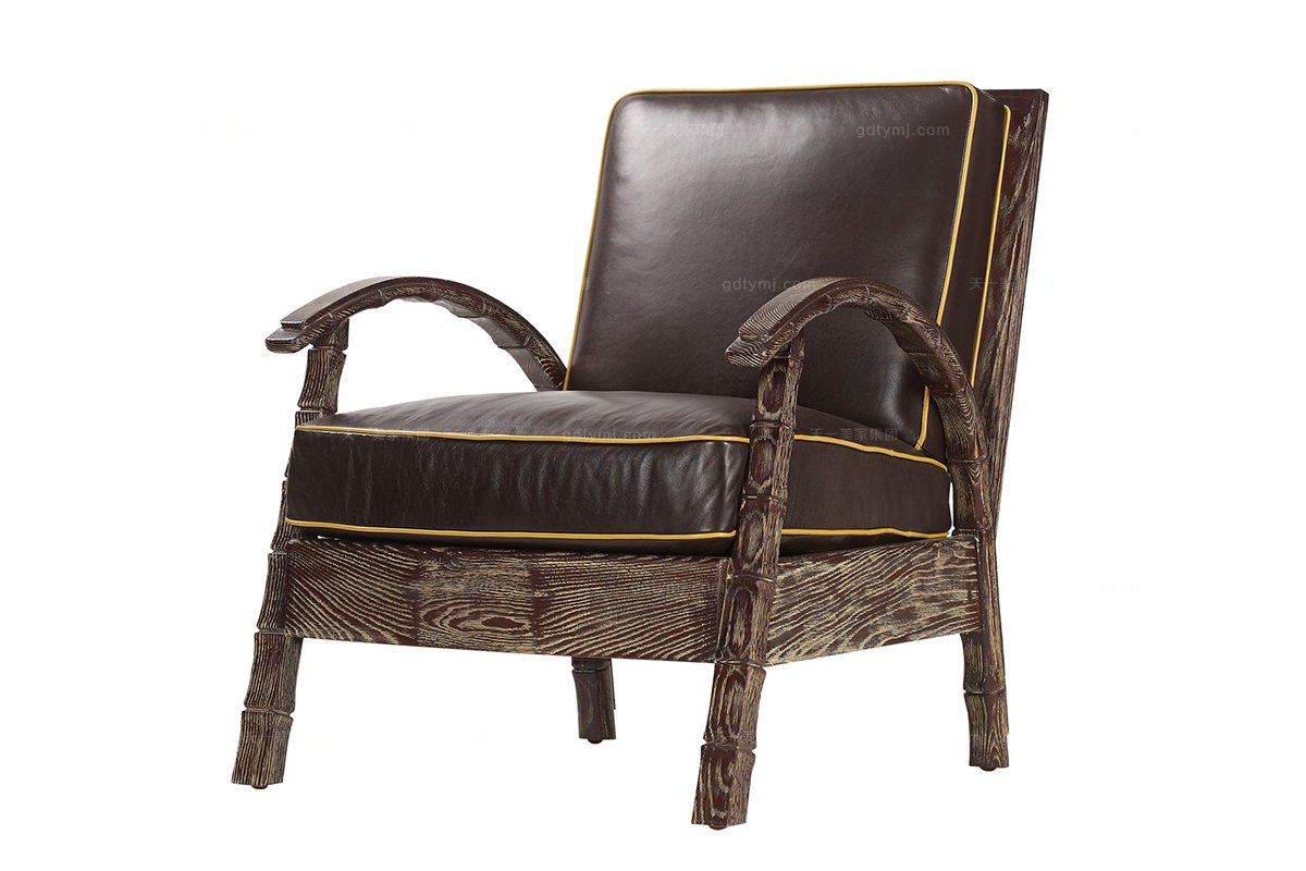 高端品牌美式黑色真皮手工雕刻休闲椅