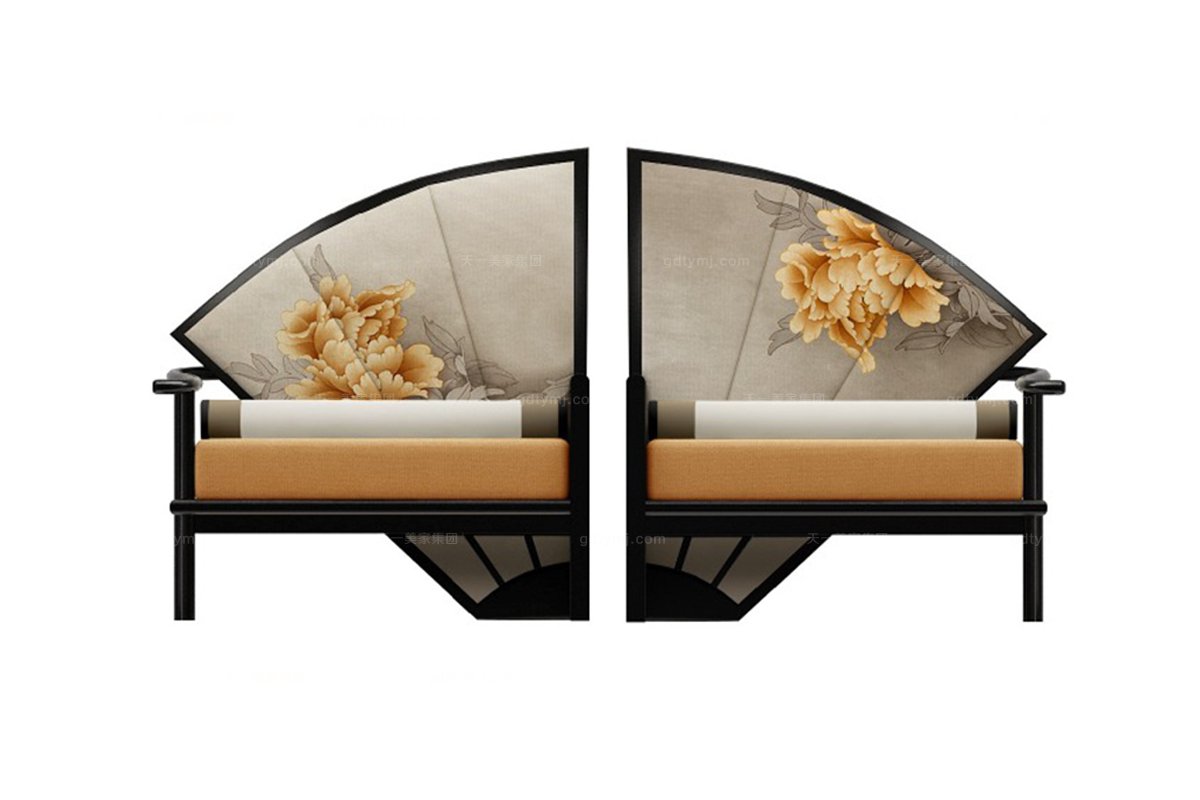 高端新中式牡丹扇单人沙发