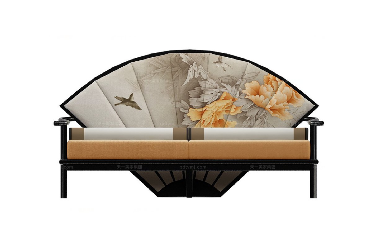 高端新中式牡丹扇长沙发
