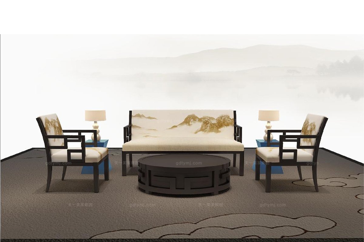 高端新中式山水做旧单人沙发