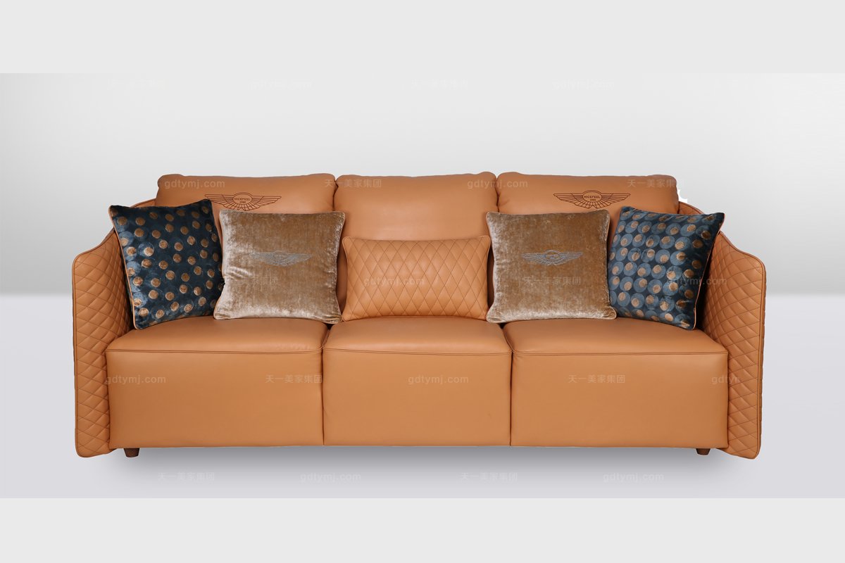 高端品牌简欧橙色真皮三位沙发