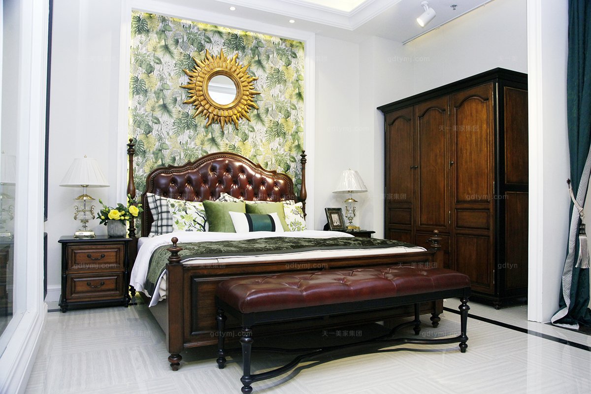 高端品牌美式风格卧房系列真皮双人床组合