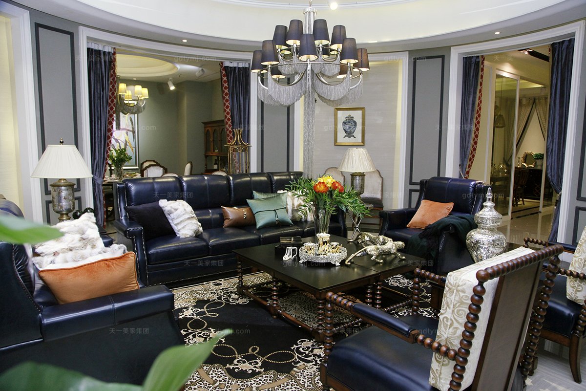 高端品牌美式风格紫色真皮客厅沙发组合