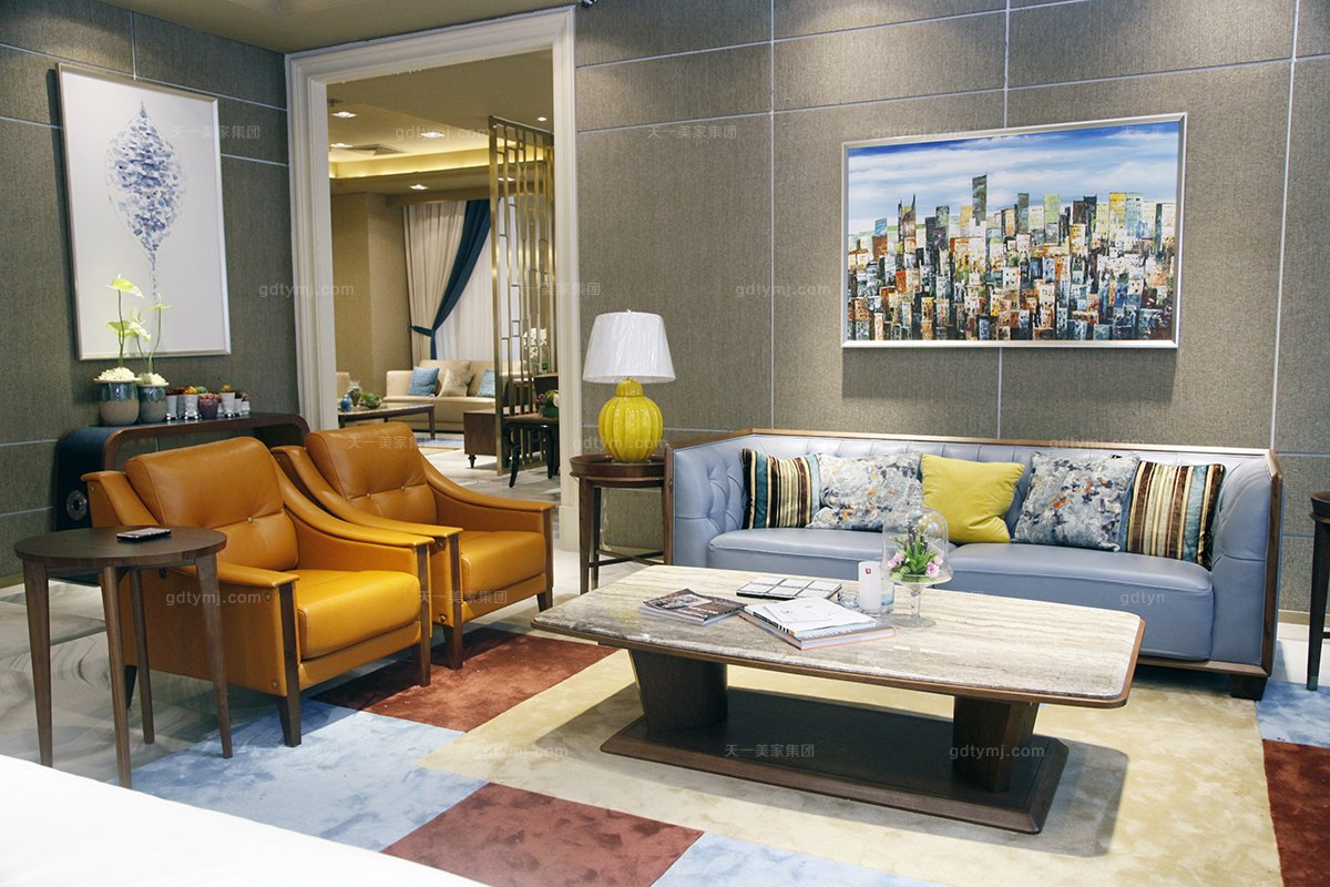 高端星级酒店蓝冠注册真皮自然主义风格客厅沙发系列