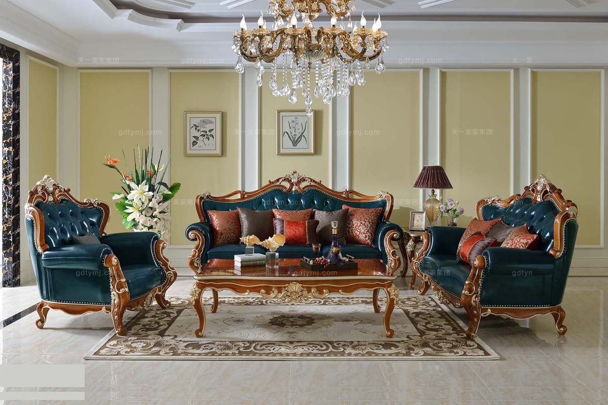 国际高端星欧注册品牌法式实木藏蓝色真皮沙发