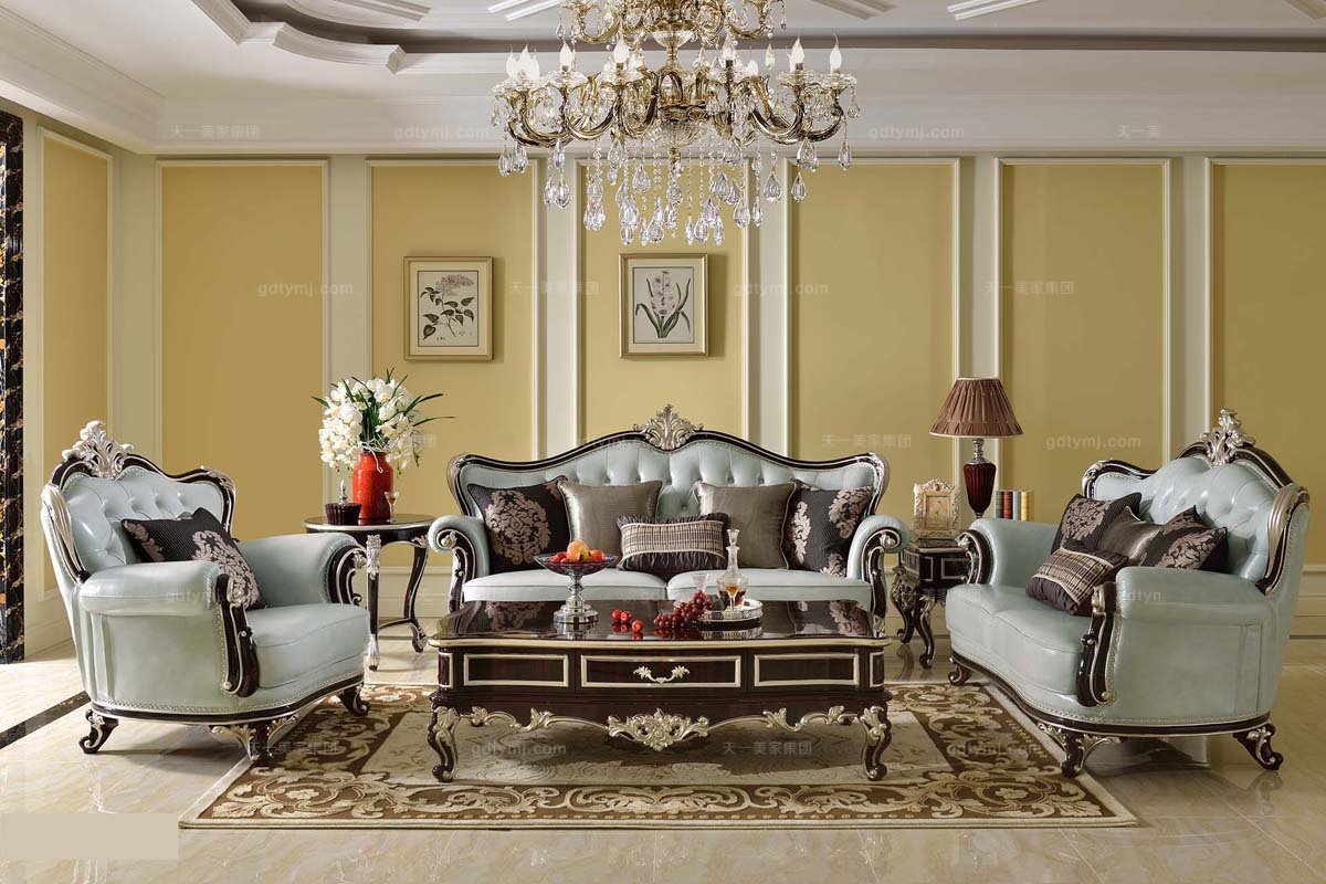 世界高端星欧注册品牌法式实木白色真皮沙发