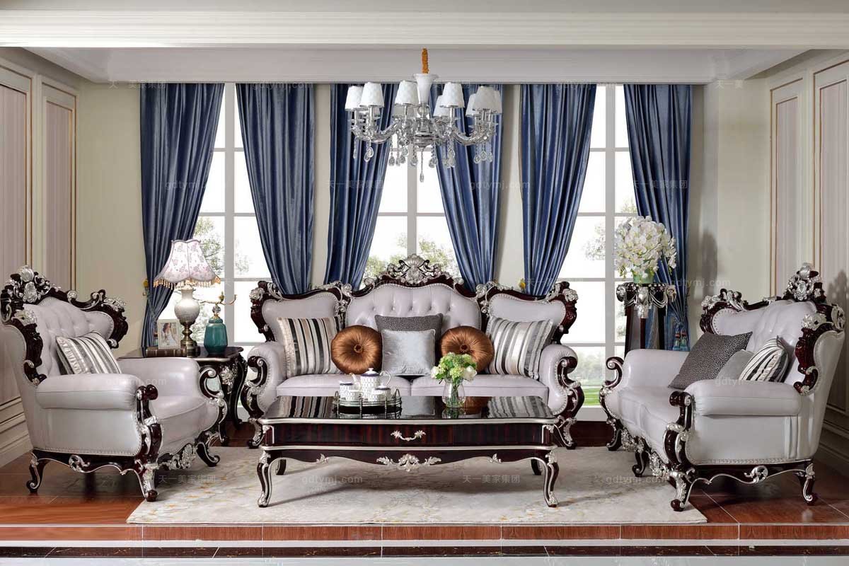 高端别墅蓝冠注册法式真皮雕花客厅沙发