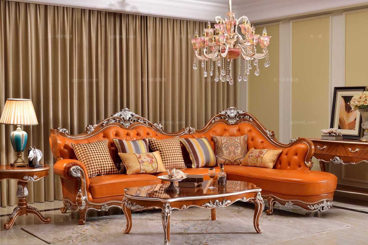 高端别墅品牌蓝冠注册法式雕花橘红色真皮转角沙发