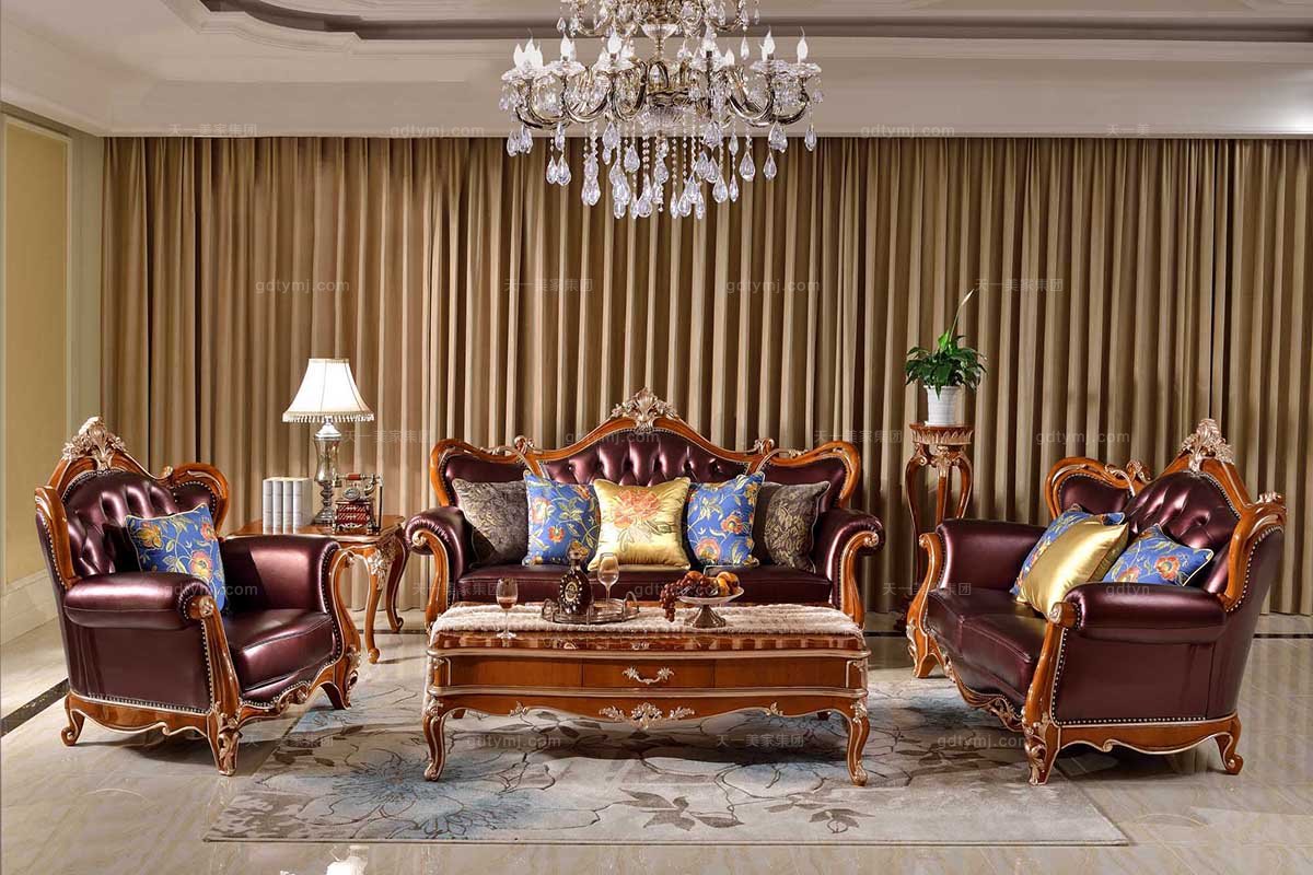 名贵法式实木蓝冠注册品牌雕花暗红真皮客厅沙发
