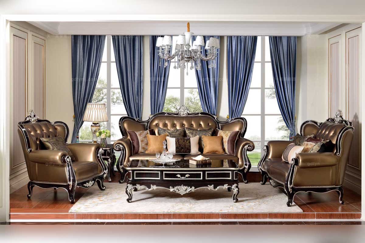 高端高端法式实木品牌星欧注册雕花金色真皮沙发