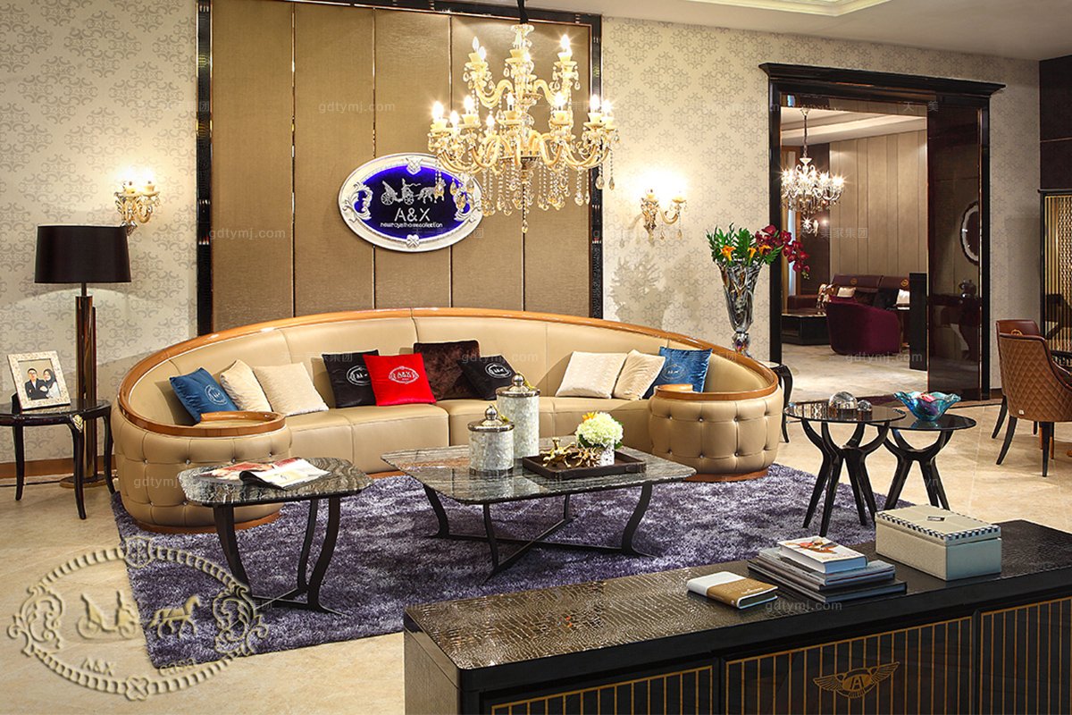 高端五星级酒店样板房蓝冠注册米黄真皮弧形沙发