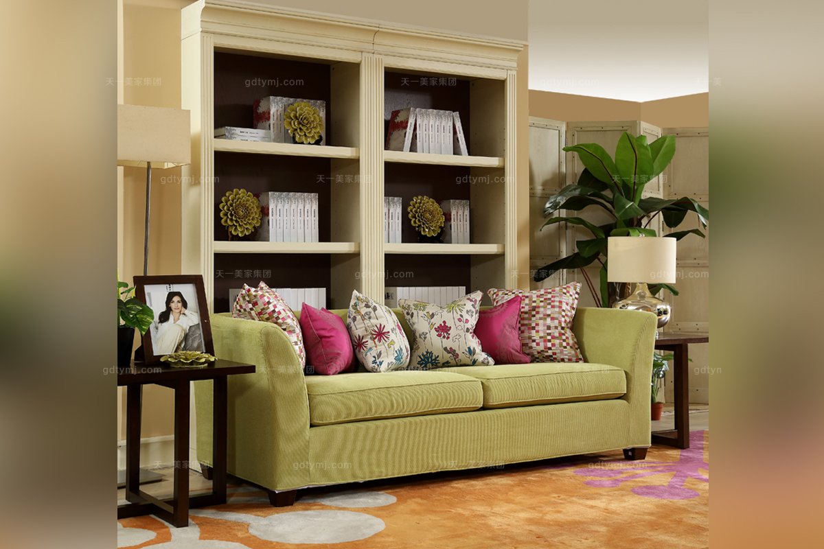 高端别墅意昂美式绿色布艺三位沙发