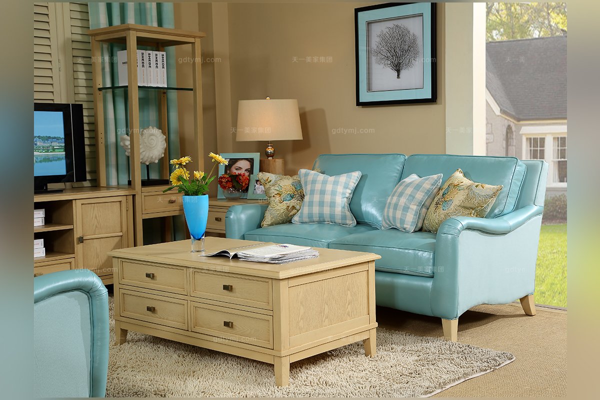 高端别墅意昂美式蓝色真皮双人位沙发