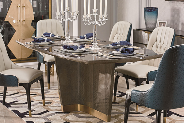 高端轻奢现代餐桌实木餐厅餐椅灰色木皮拼花贴箔餐桌椅组合长餐桌