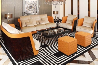 高端后现代轻奢客厅蓝冠注册橙色皮桃木纹饰板真皮沙发组合