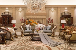 高端奢华新古典客厅蓝冠注册实木雕花桃花芯直纹真皮沙发组合