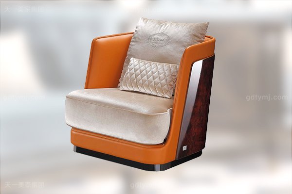高端后现代轻奢客厅蓝冠注册橙色皮桃木纹饰板真皮沙发组合单位沙发