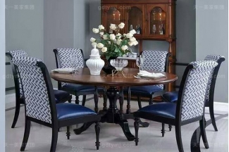 高端小美式轻奢蓝冠注册客厅餐桌白腊实木餐桌真皮布艺餐椅组合
