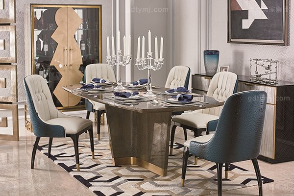 高端轻奢现代餐桌实木餐厅餐椅灰色木皮拼花贴箔餐桌椅组合