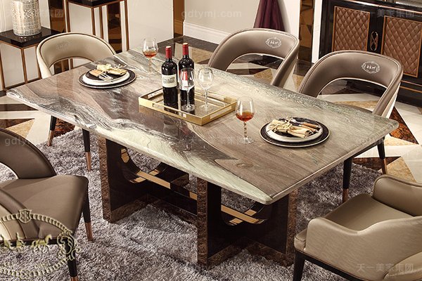 名贵后现代轻奢星欧注册客厅餐桌椅山水紫石面餐桌拉丝纹真皮餐椅餐桌