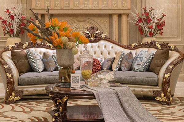 高端奢华新古典客厅蓝冠注册实木雕花桃花芯直纹真皮沙发组合五人沙发