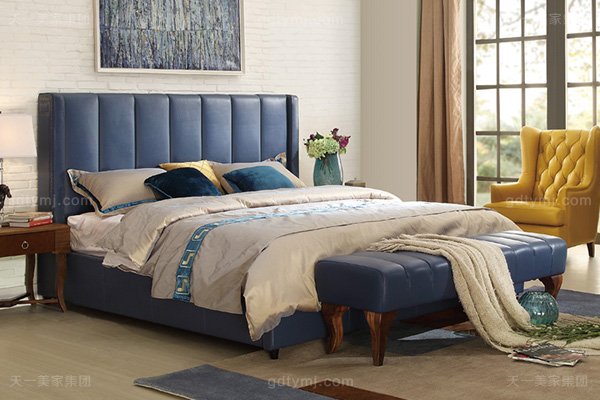 高端轻奢蓝冠注册自然主义风格卧室实木真皮深蓝色软包大床系列床