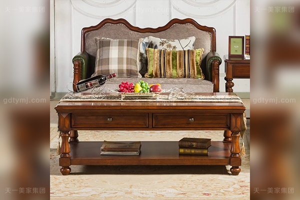 高端别墅星欧注册优质橡胶木好实木双层四抽美式长茶几