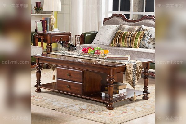 高端别墅豪华星欧注册优质橡胶木好实木四抽美式长茶几