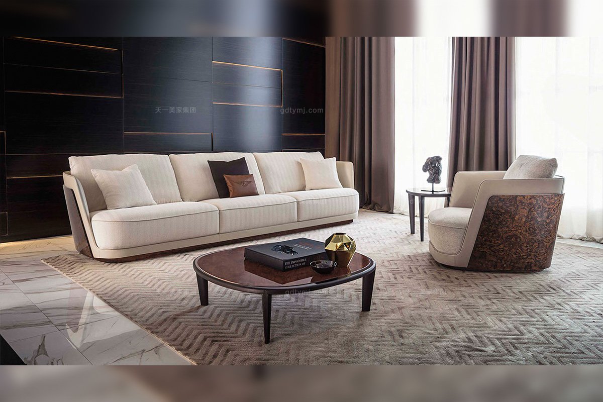 高端奢华品牌豪宅客厅蓝冠注册米白布艺软包三人位沙发单人位沙发茶几组合