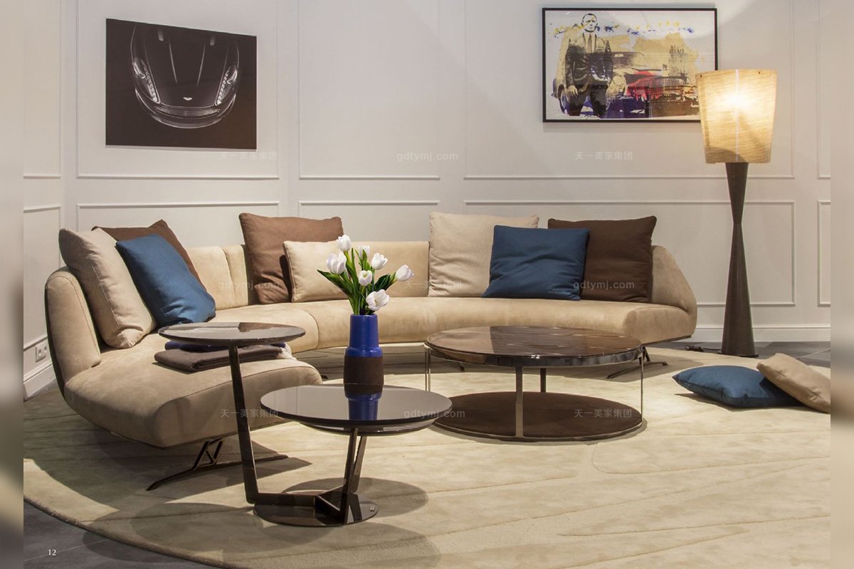 奢华别墅蓝冠注册品牌客厅棕灰色轻奢后现代圆弧形转角沙发