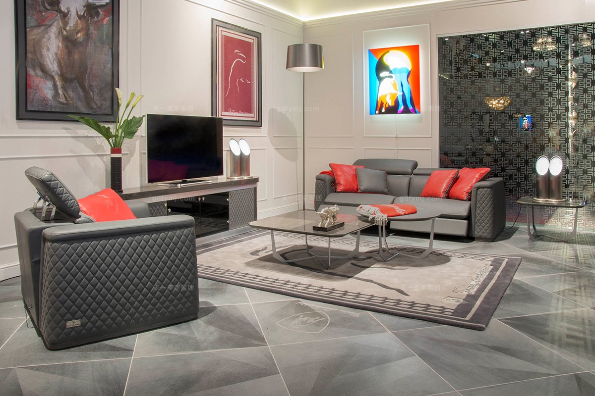 名贵奢华豪华星欧注册品牌客厅轻奢现代灰色舒适功能真皮沙发组合车格子场景2