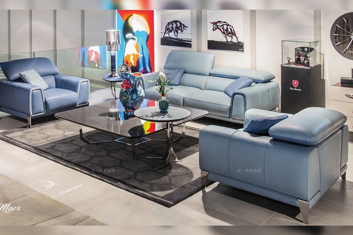 高端别墅轻奢蓝冠注册品牌客厅后现代时尚浅蓝色真皮软包二人位沙发组合