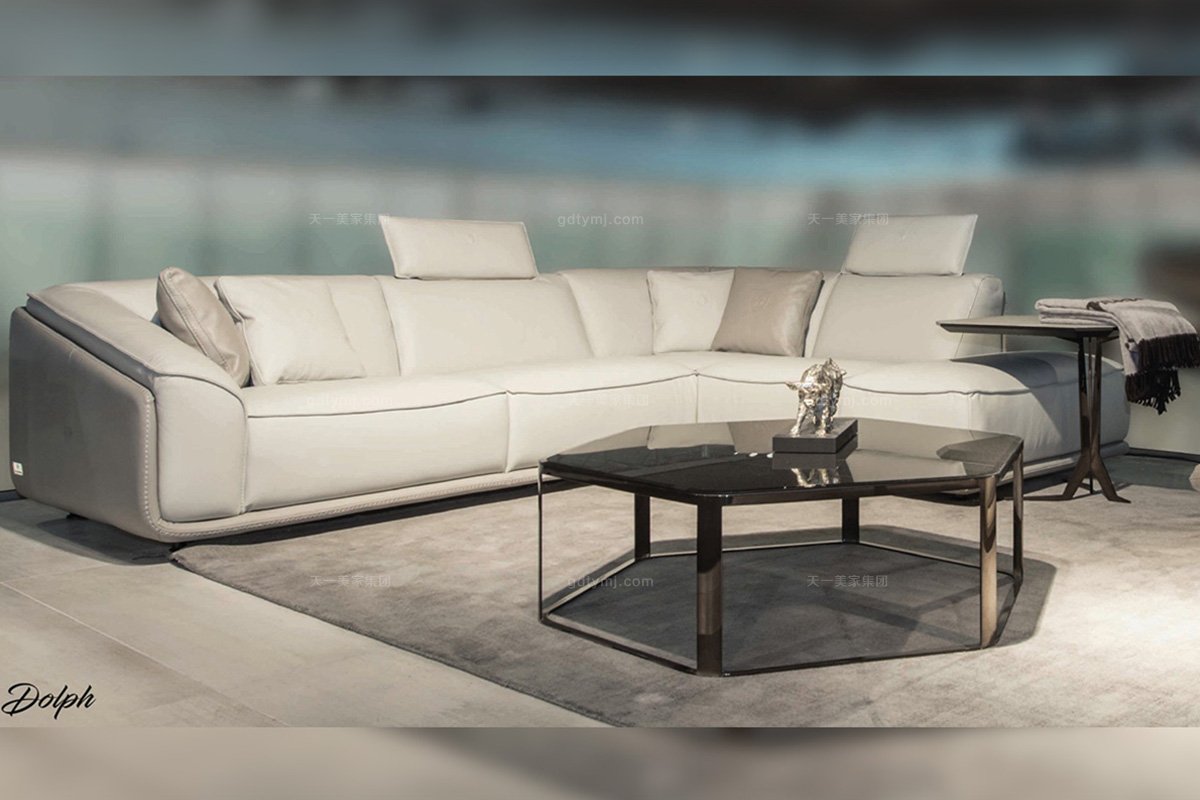 高端轻奢别墅豪宅星欧注册品牌客厅现代时尚米白色真皮转角沙发转角沙发