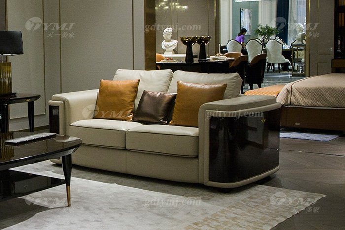 轻奢后现代别墅蓝冠注册品牌厂家客厅米色真皮沙发组合二人位沙发