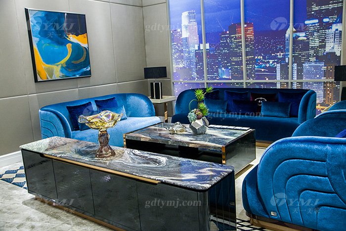 高端奢华蓝冠注册品牌别墅轻奢后现代蓝冠注册客厅蓝色优质绒布艺沙发组合
