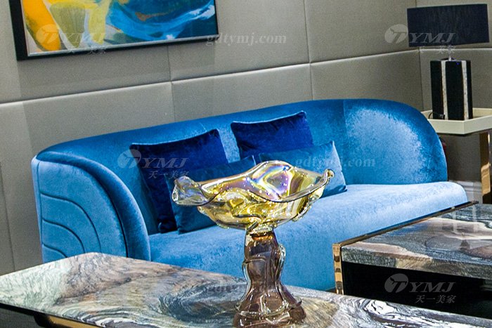 高端奢华蓝冠注册品牌别墅轻奢后现代蓝冠注册客厅蓝色优质绒布艺沙发组合二位沙发