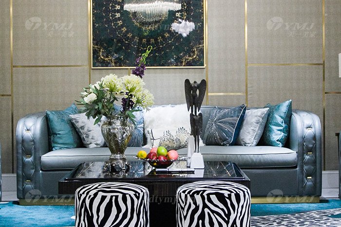 高端私家别墅蓝冠注册品牌轻奢现代客厅蓝冠注册时尚蓝色真皮沙发组合三位沙发
