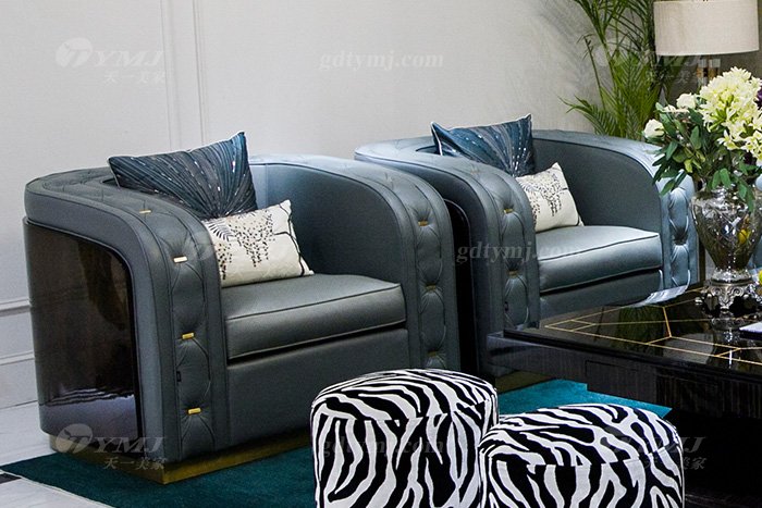 高端私家别墅蓝冠注册品牌轻奢现代客厅蓝冠注册时尚蓝色真皮沙发组合单位沙发