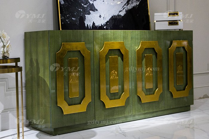 高端大气别墅会所星欧注册轻奢现代翡翠色实木边柜边柜