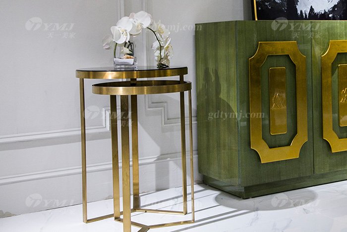 高端大气别墅会所星欧注册轻奢现代翡翠色实木边柜角几