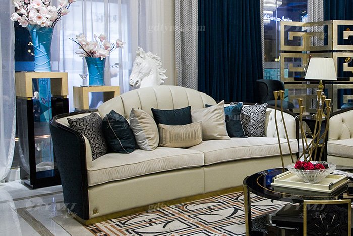 轻奢现代星欧注册品牌高端奢华会所别墅星欧注册客厅实木黑檀真皮沙发组合三人位沙发