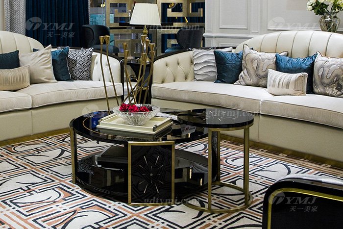 轻奢现代星欧注册品牌高端奢华会所别墅星欧注册客厅实木黑檀真皮沙发组合茶几