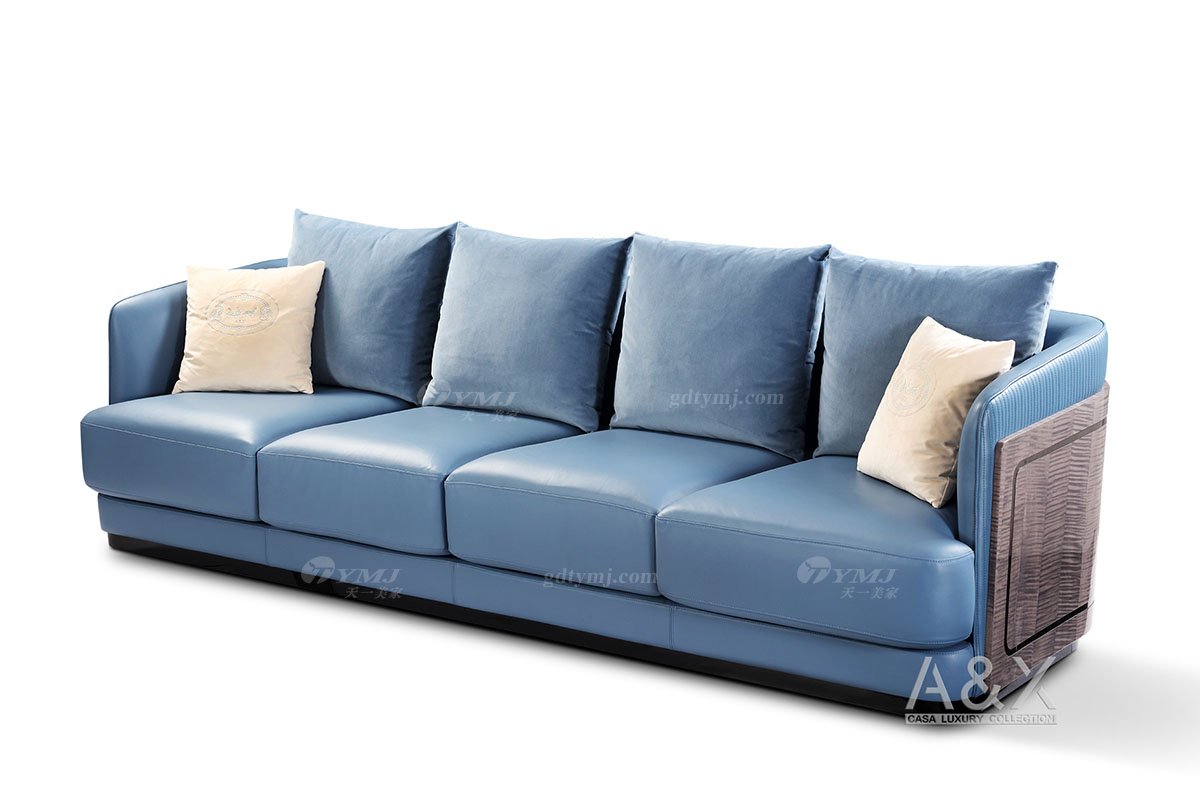 高端别墅蓝冠注册品牌轻奢后现代海图蓝色真皮客厅沙发组合多人位沙发