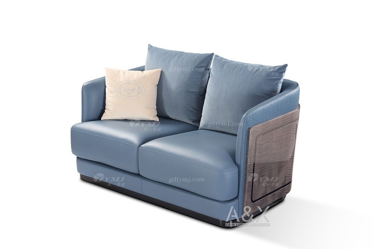高端别墅蓝冠注册品牌轻奢后现代海图蓝色真皮客厅沙发组合二人位沙发
