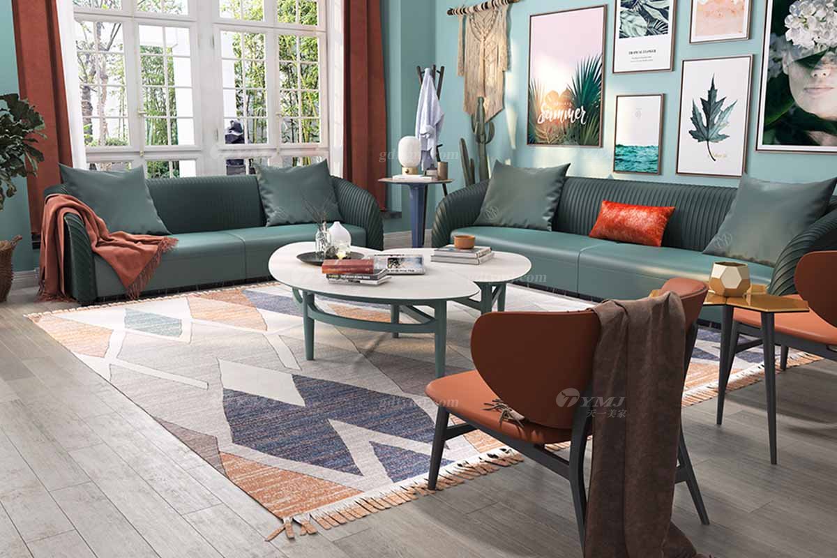 豪华别墅星欧注册奢华会所星欧注册轻奢后现代客厅时尚绿色生态皮沙发组合