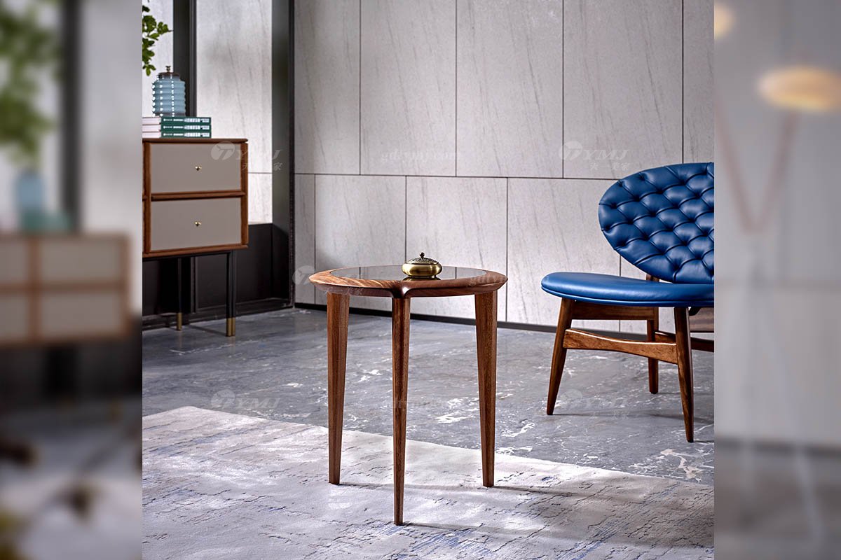 高端会所星欧注册品牌奢华样板房星欧注册轻奢新中式风格胡桃色实木圆几