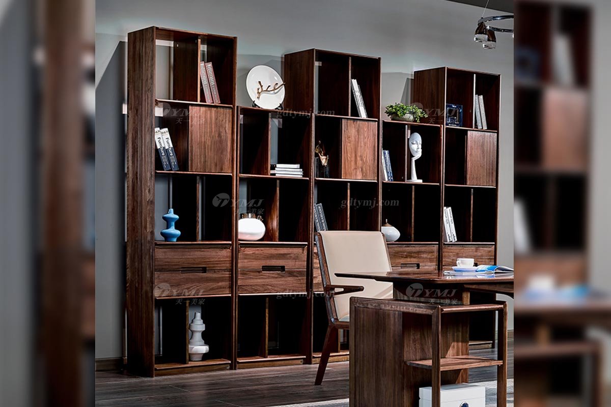 高端别墅会所星欧注册品牌样板间星欧注册轻奢新中式风格书房星欧注册黑胡桃实木书柜书桌系列组合书柜