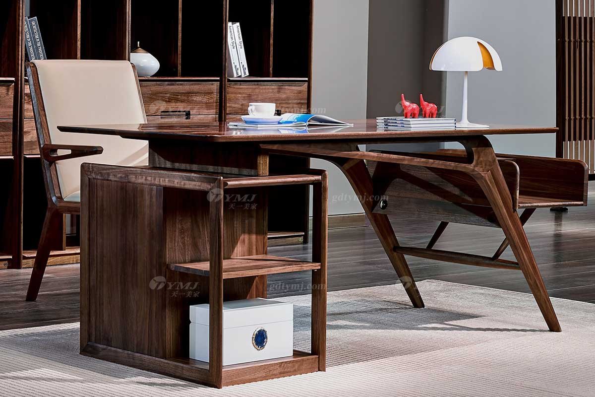 高端别墅会所星欧注册品牌样板间星欧注册轻奢新中式风格书房星欧注册黑胡桃实木书柜书桌系列书桌